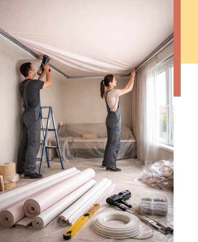 Монтаж цветного натяжного потолка в Новороссийске от 4287 руб/м² — быстро и недорого | ОТДЕЛОЧНИК-Нвр