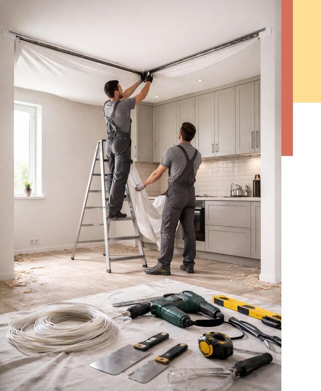 Установка натяжного потолка на кухне в Новороссийске от 2450 руб. | ОТДЕЛОЧНИК-Нвр