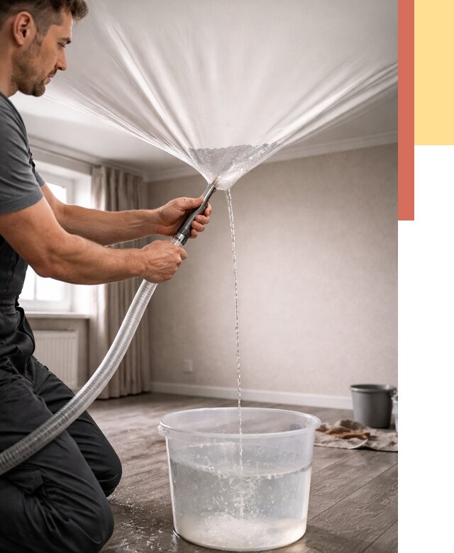 Слив воды с натяжного потолка в Новороссийске от 2552 руб. быстро и недорого | ОТДЕЛОЧНИК-Нвр