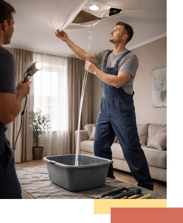 Слив воды с натяжного потолка в Новороссийске быстро и аккуратно